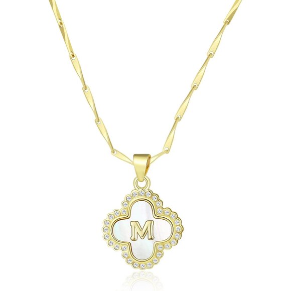Dainty 14K Gold-Plated Clover Initial Pendant with Seashell and Zircon Accents - Picture 1 of 6